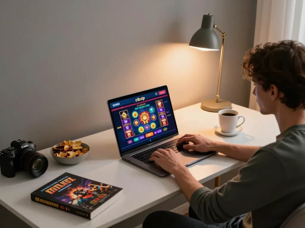 Player engaging in online casino gaming on the rikvip platform from a cozy home setup with ambient lighting.