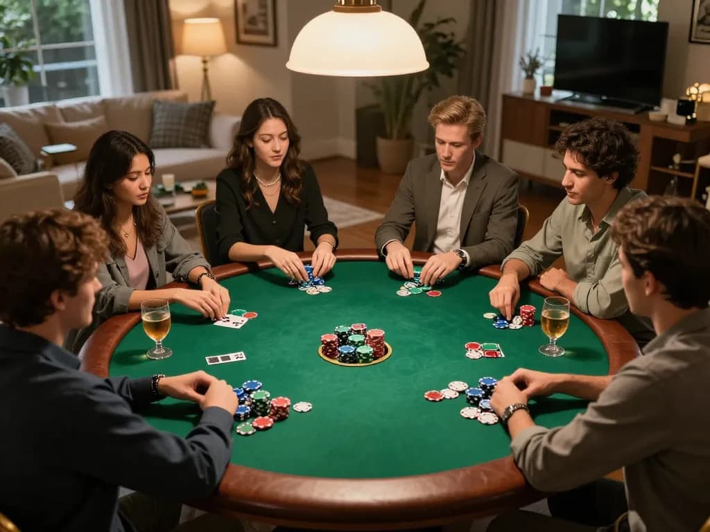 Players enjoy a strategic poker night with friends at home, engaging with GO88.