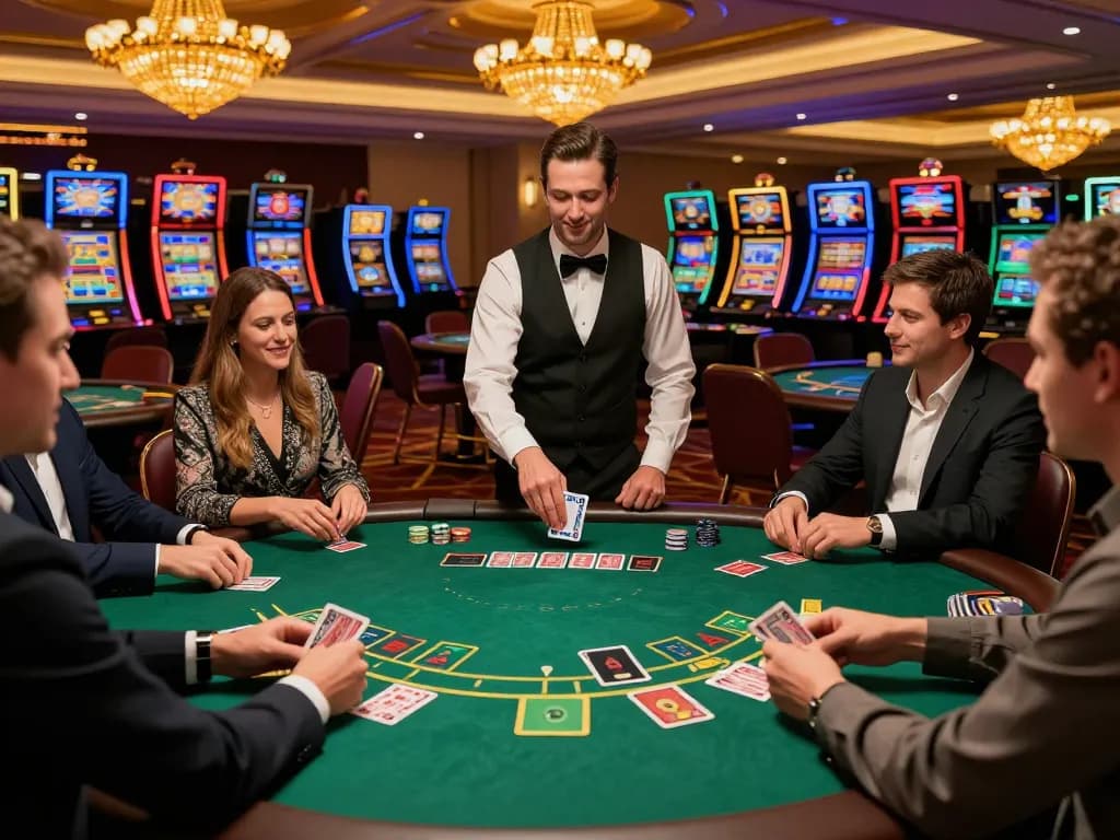 FC88 players strategizing at an upscale blackjack table in a vibrant casino environment.