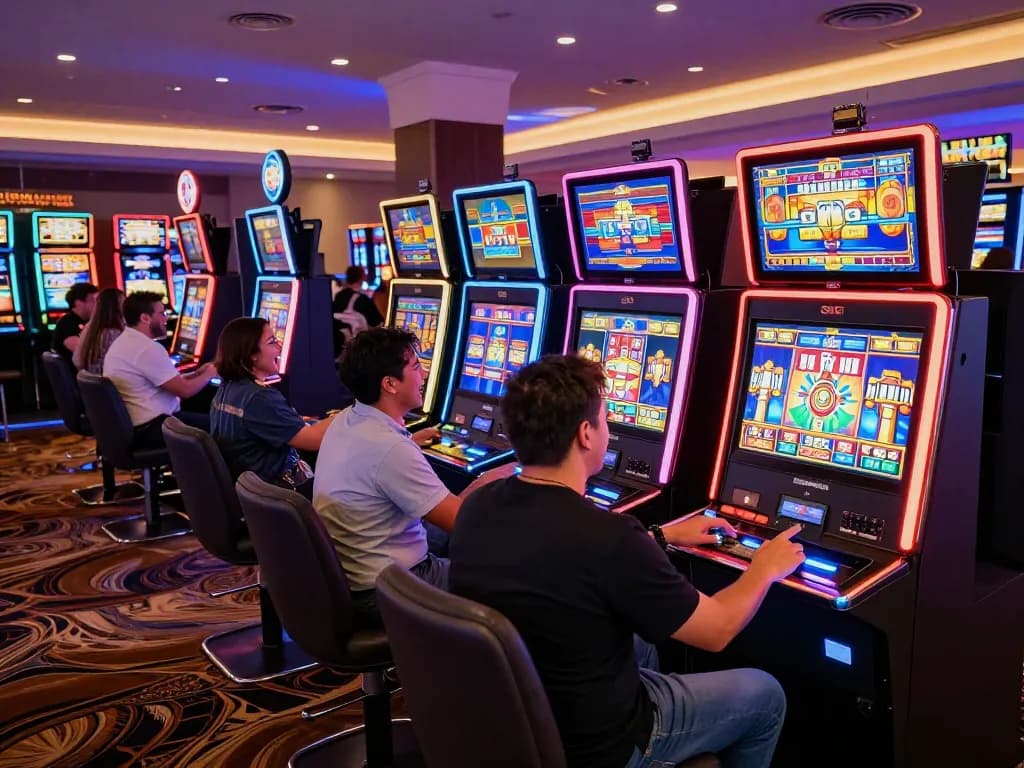 Pemain menikmati kegembiraan mesin slot KING55 di atmosfer kasino yang bergairah