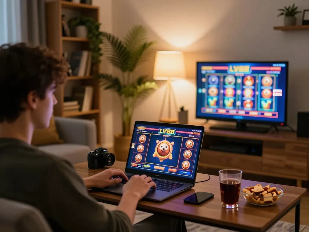 Player engaged in LV88 online gambling at home, focusing on colorful slot game interface.