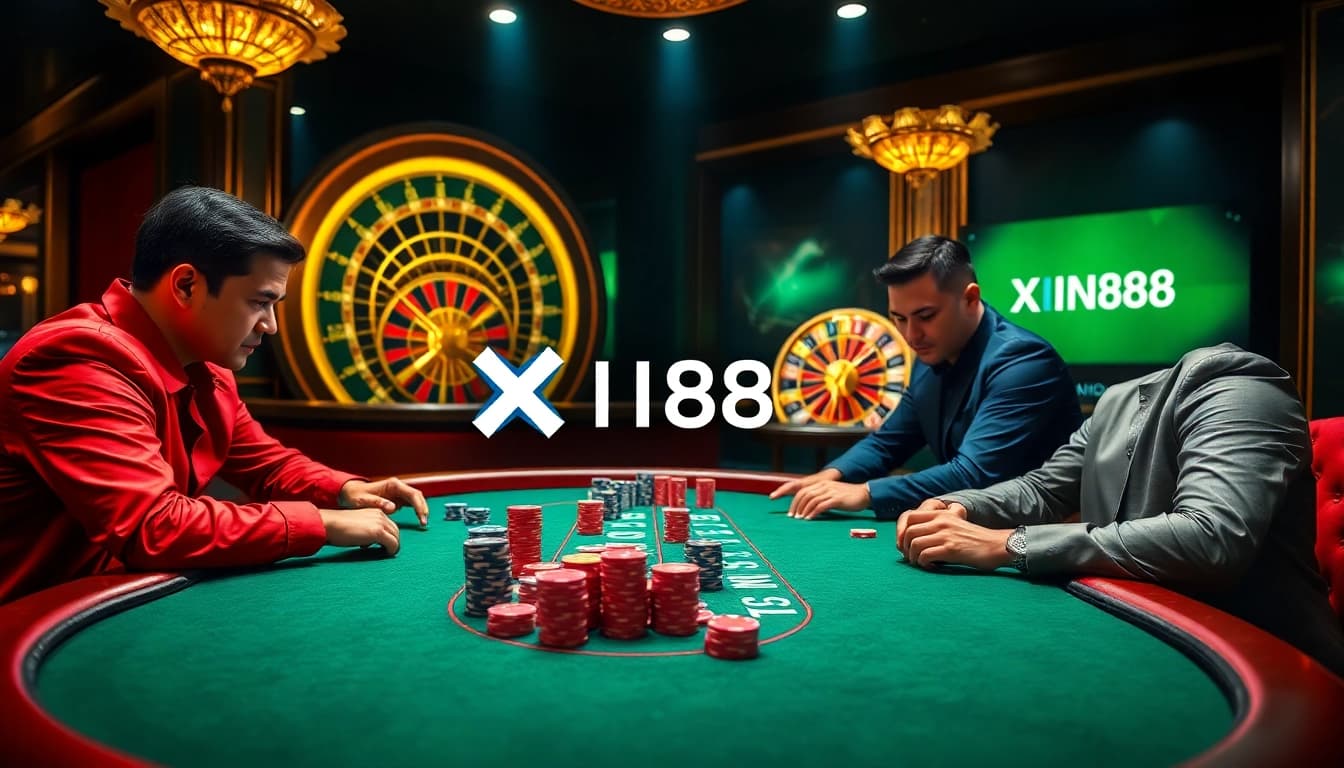 Experience the thrill of poker at Xin88 with vibrant casino gameplay, showcasing players' focus and excitement.