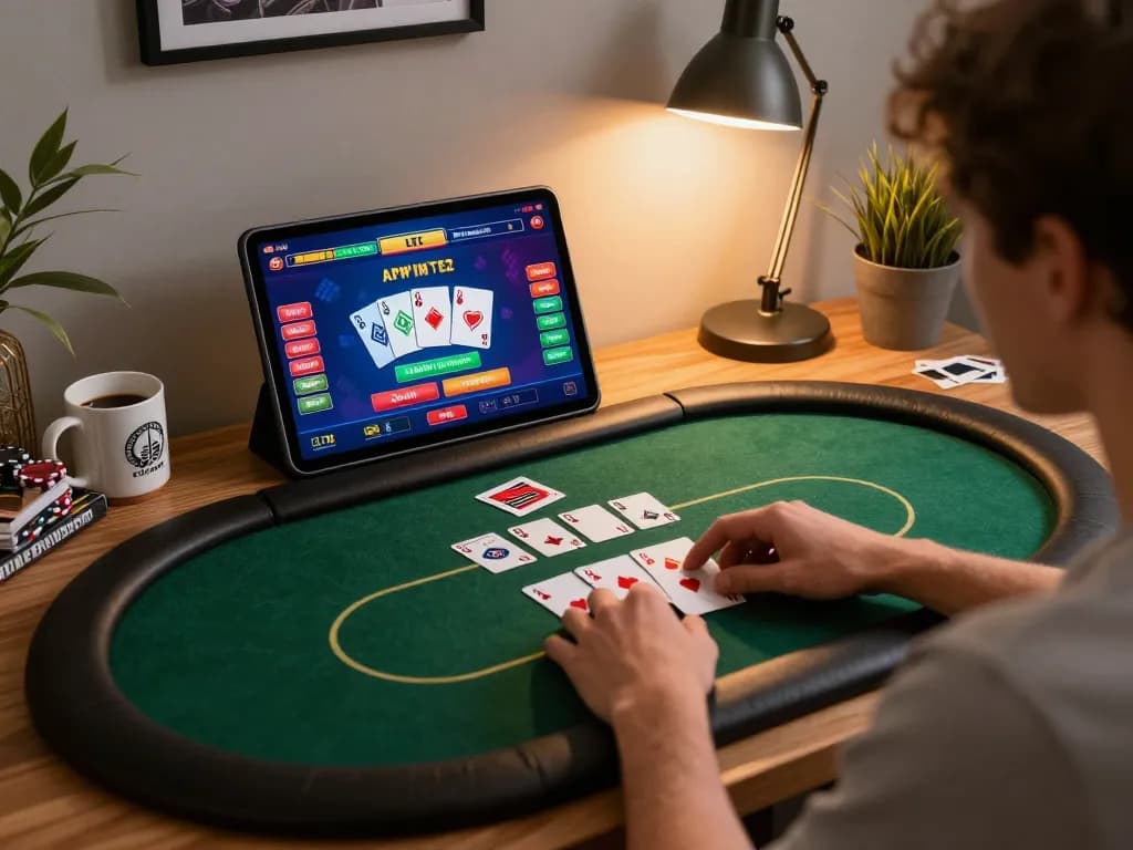 LTC casino gaming session on tablet showcasing poker gameplay strategy in a cozy home setting