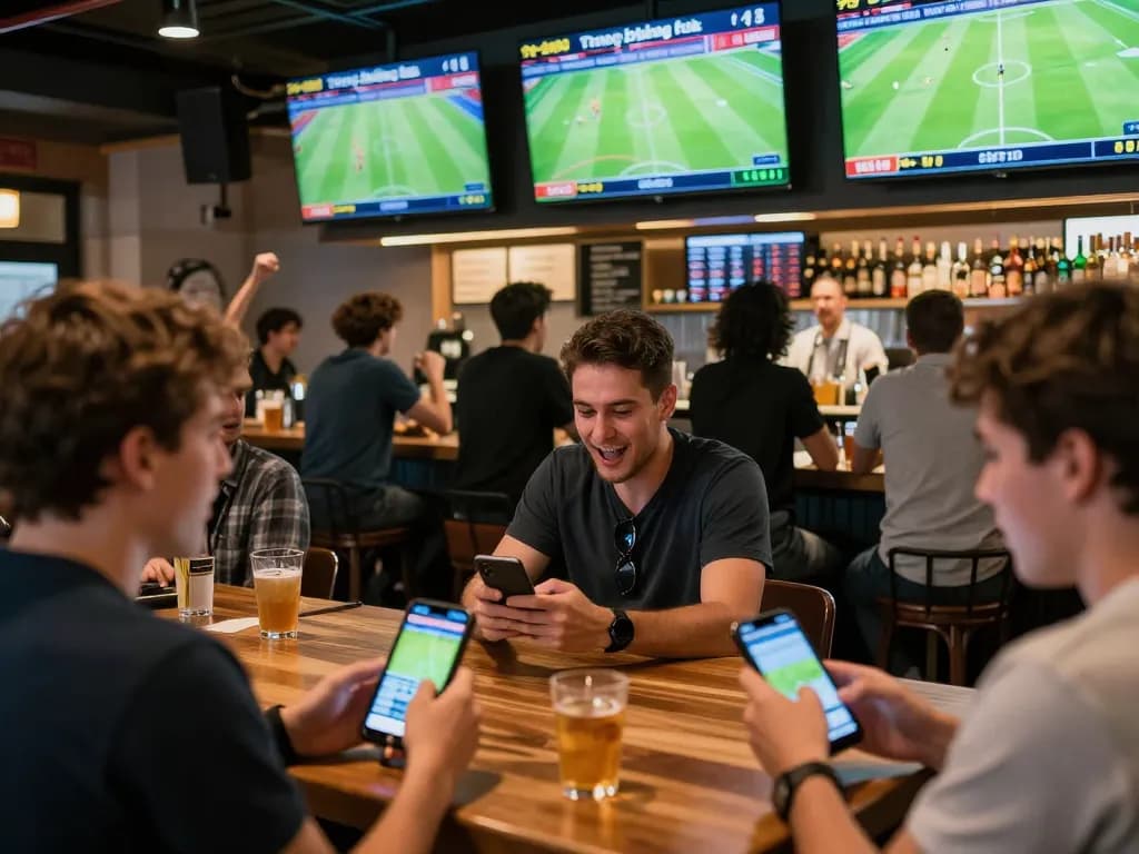 Engaged patrons enjoying Trực tiếp bóng đá at a sports bar, placing bets on live matches.