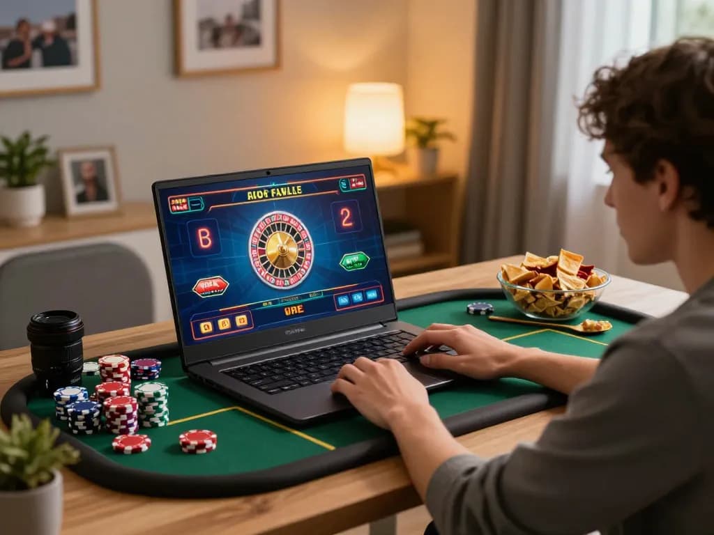 Engaging online casino experience at https://rr888.shopping/ shows a player enjoying roulette in their comfy home setup.