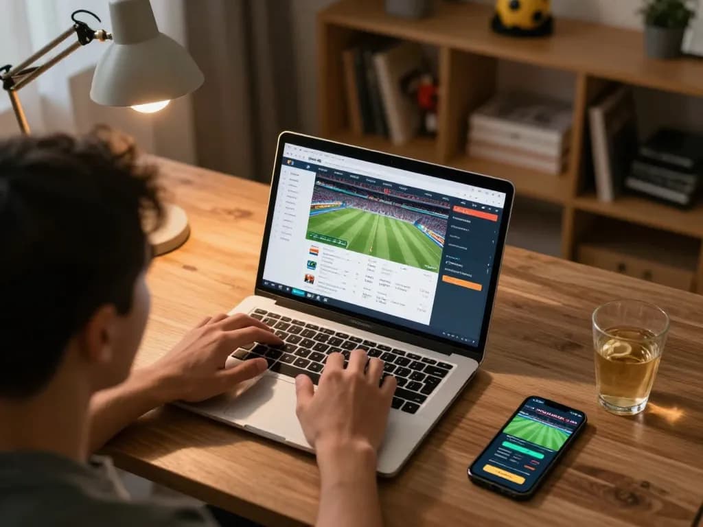 Excited user placing bets on MMOO sports betting platform from vibrant home office setup.