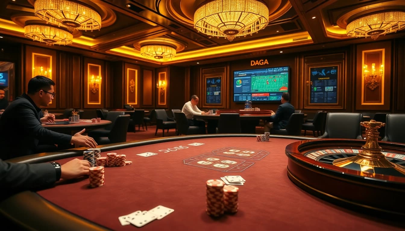 Daga players engaging in high-stakes poker amidst a luxurious casino atmosphere