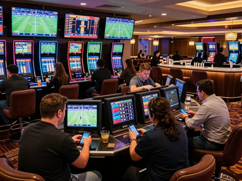 Sports bettors actively engaging with debet betting apps while watching live games in a stylish casino.