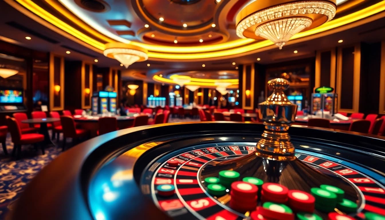 Spieler genießen Casino spielen an einem Roulette-Tisch in luxuriösem Ambiente.