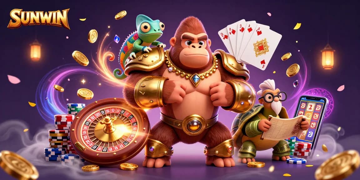 SUNWIN showcases an enthralling gaming adventure featuring a gorilla king, chameleon companion, and tortoise elder.
