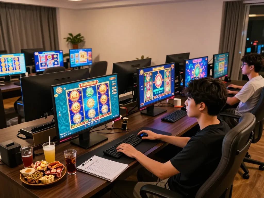 Player experiencing thrilling slot gacor games on multiple screens in a cozy home office setup