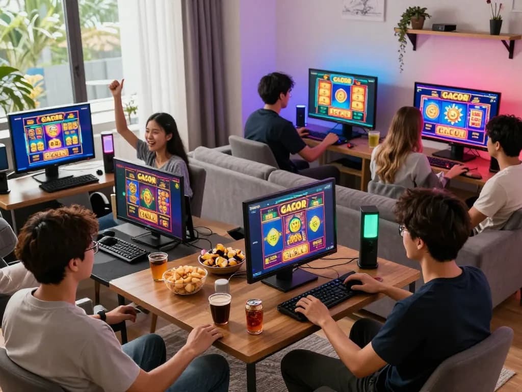 Exciting gaming environment showcasing players engaged with SLOT GACOR online slots in a lively living room.