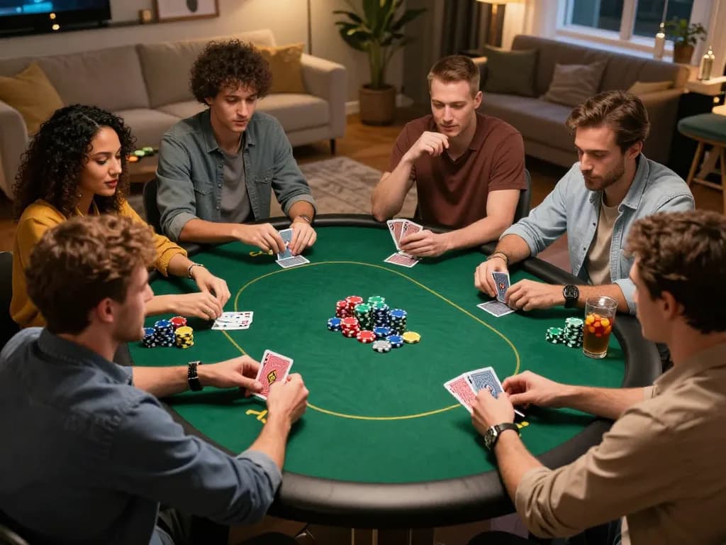 Friends enjoying a poker night with five88 chips and cards visible on the table.