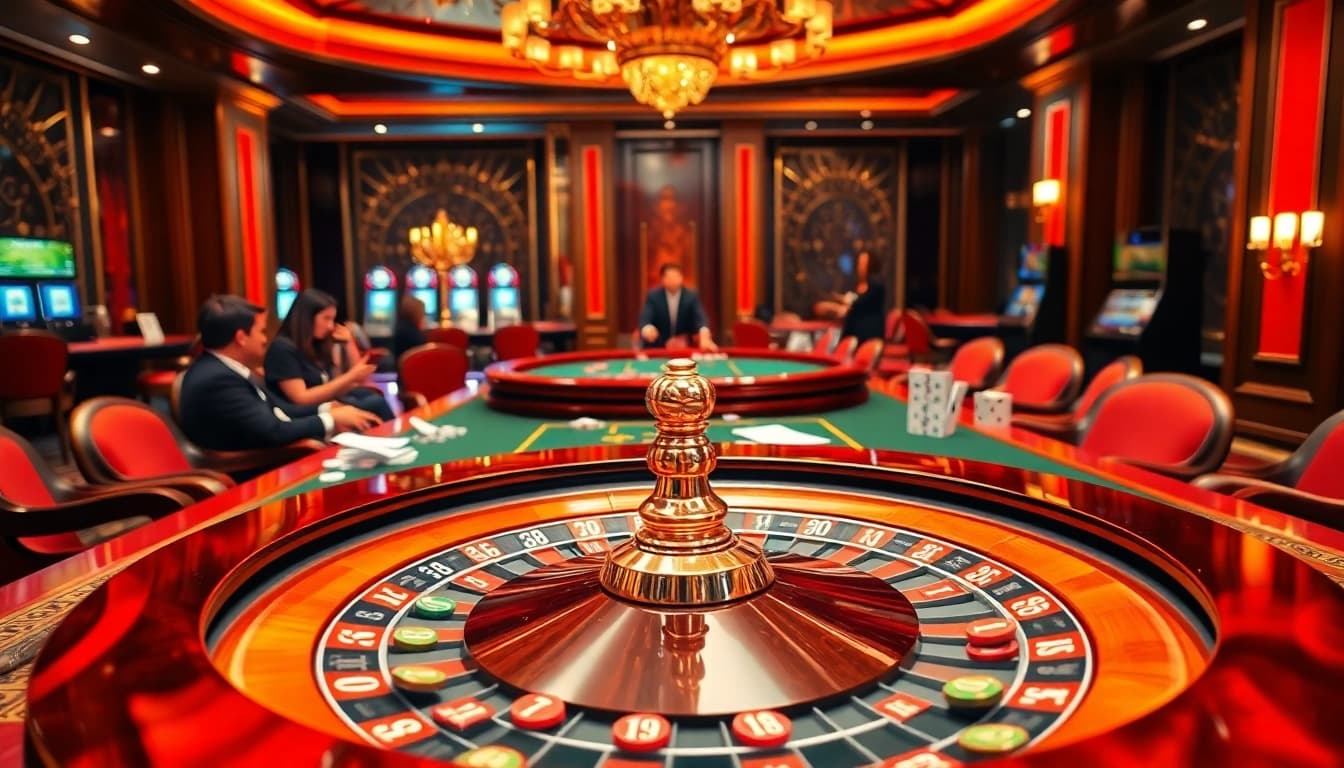Experience the thrill of J88 gaming with a stunning casino scene featuring poker and roulette.