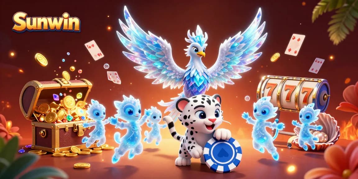 Experience Sunwin's vibrant gaming world with ice phoenix, poker chip, and slot reels.