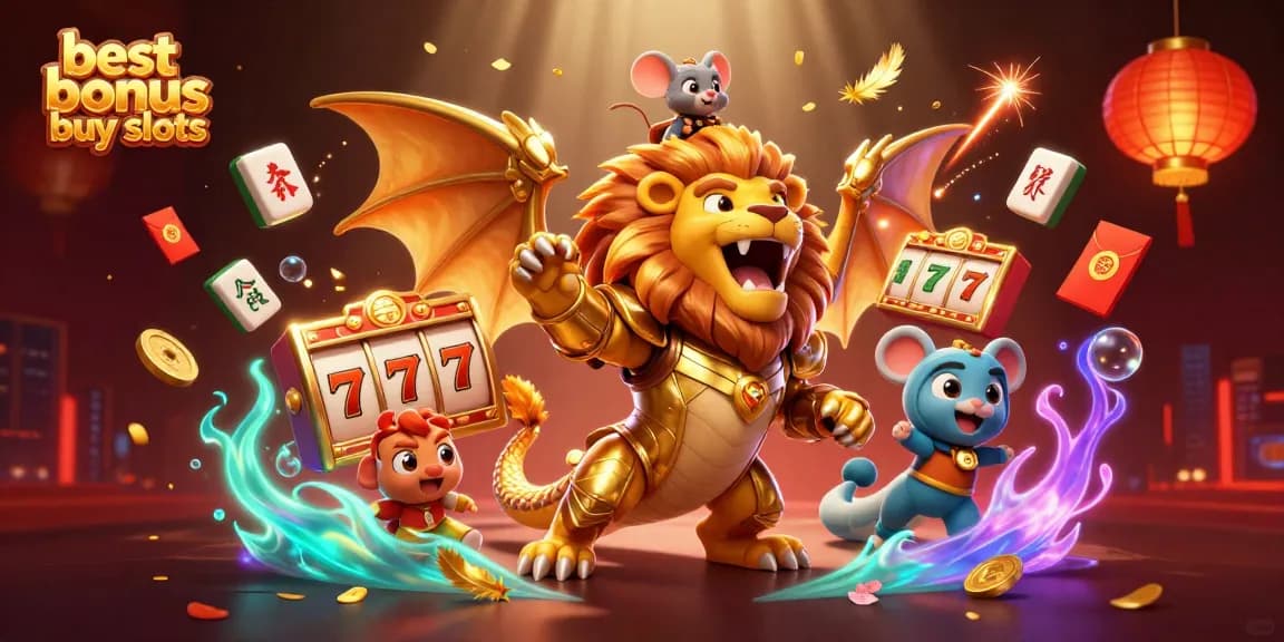 Experience best bonus buy slots with a golden chimera and vibrant casino elements in a magical scene.