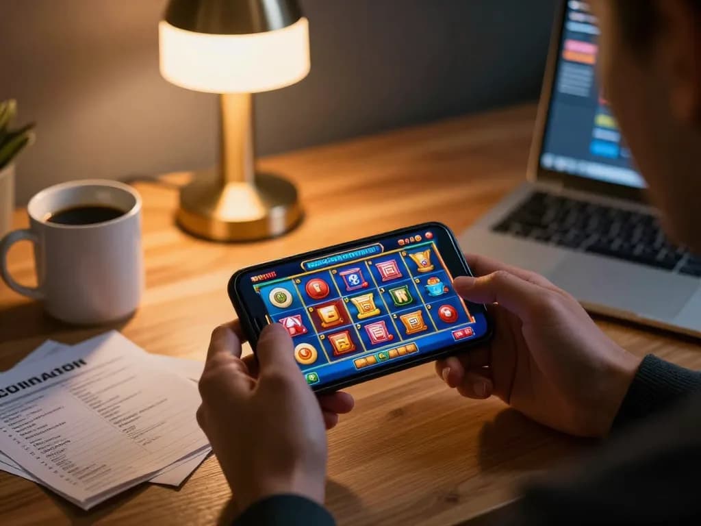 Engaged player using smartphone for nhà cái 88aa gaming in a cozy home setting.