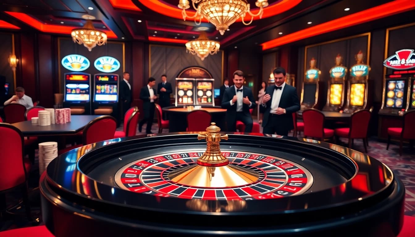 RR88 players enjoy excitement at a luxurious casino table with vibrant poker chips and slot machines.