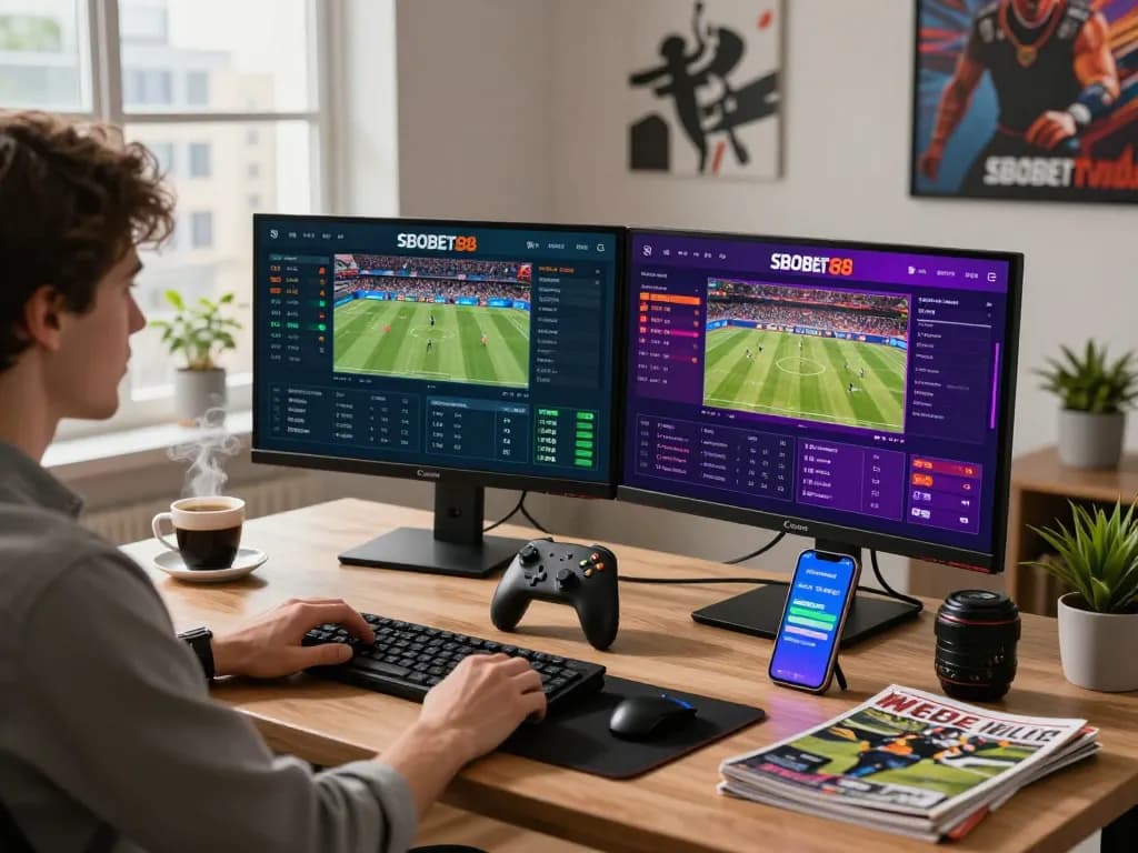 Engaged user exploring SBOBET88 betting odds in a vibrant home office.