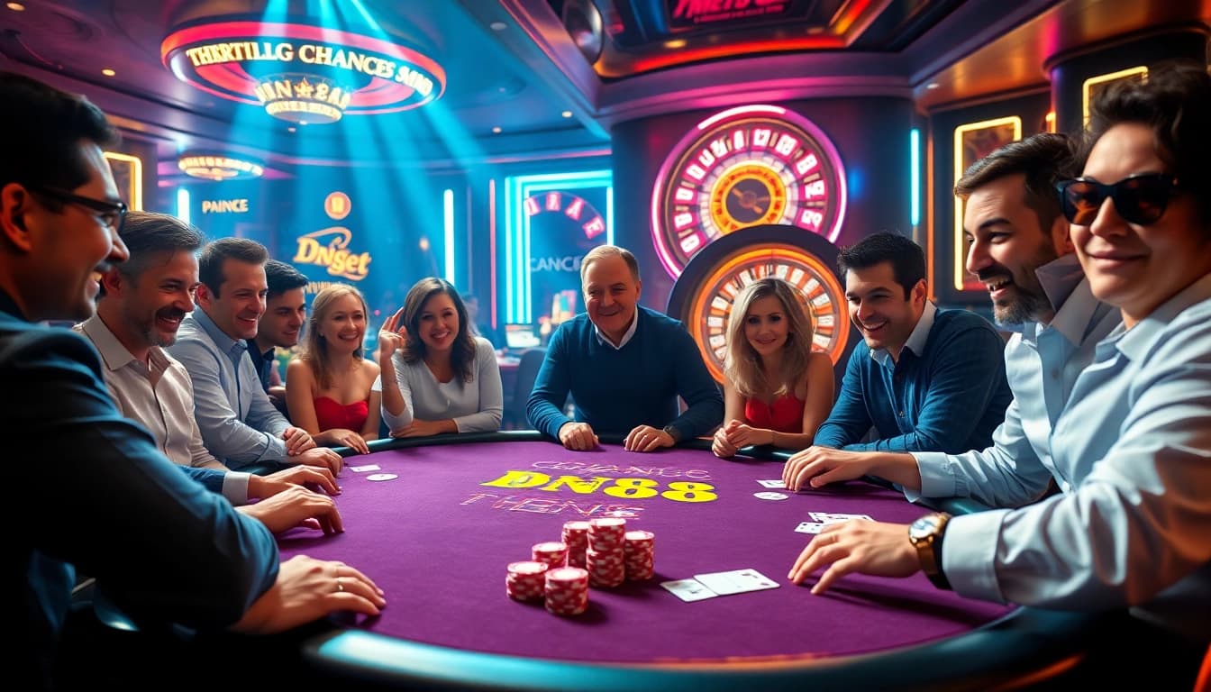 Experience the thrill of winning at DN88 casino with vibrant poker chips and excited players.
