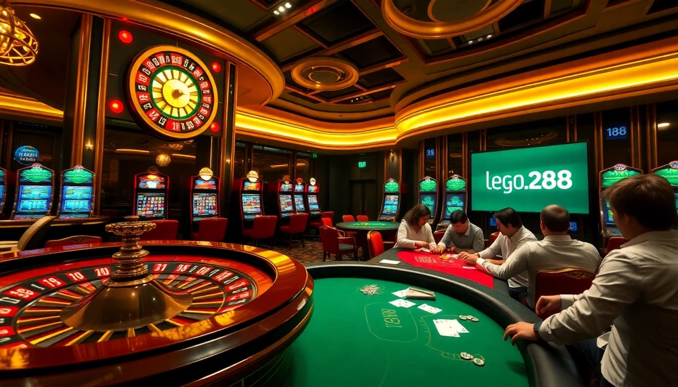 Engage in the excitement of gambling at LEGO138 casino with vibrant slot machines and a roulette wheel.