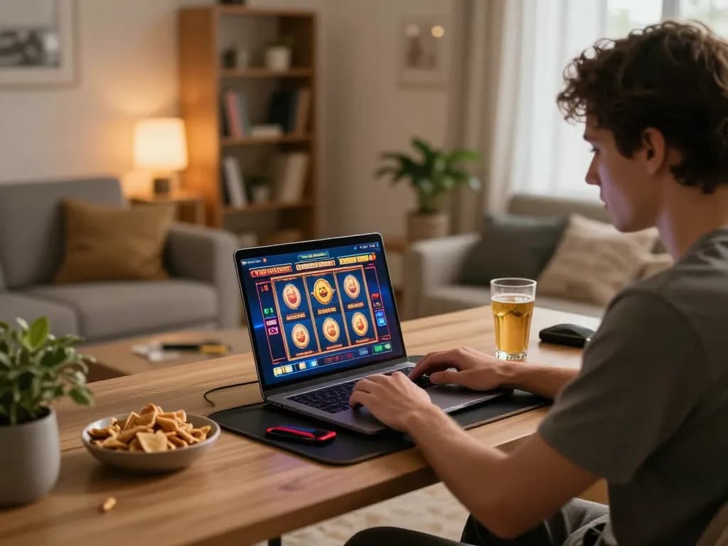 Player engaging in cm88 online casino gameplay, focused on laptop screen with slot games