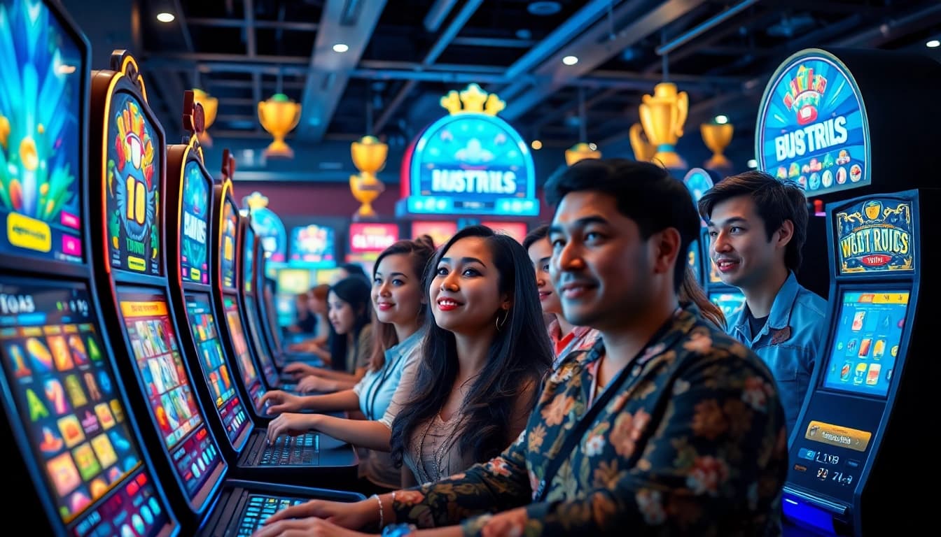 Engaging online gaming scene for asupantoto with diverse players at vibrant slot machines.