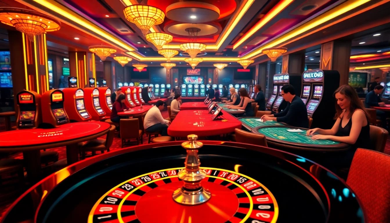 Experience the thrill of gambling at https://rr88k1.com/ with an exciting casino scene featuring roulette and poker tables.
