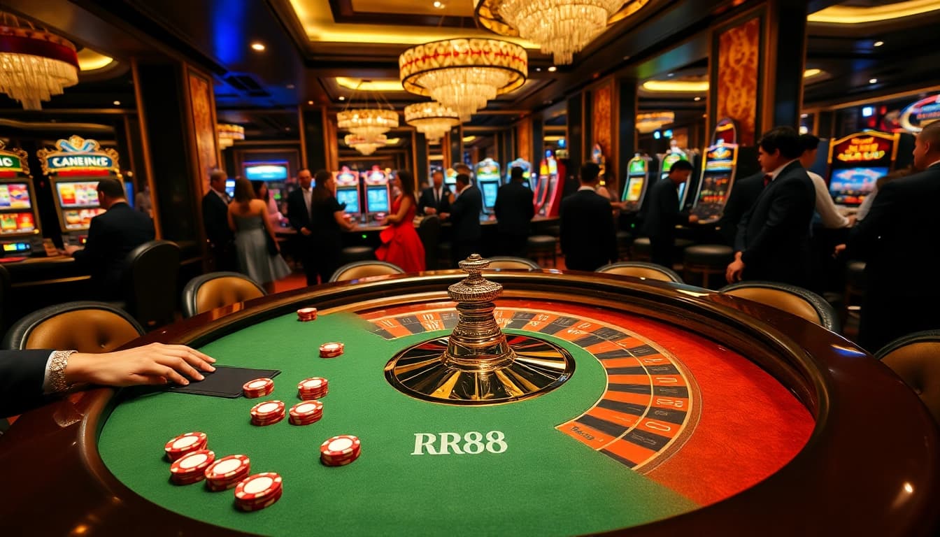 Experienced gamblers enjoy a luxurious gaming experience at RR88 casino, playing roulette and poker chips.