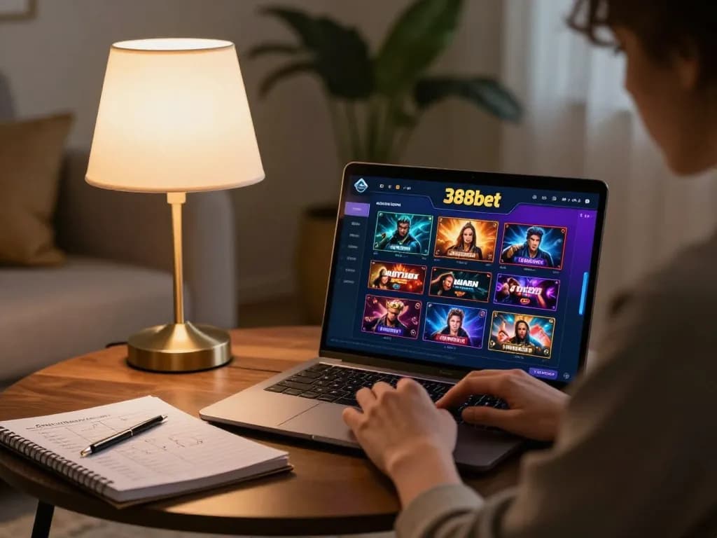 Engaged player using 388bet for online gaming with casino strategy notes in cozy setting