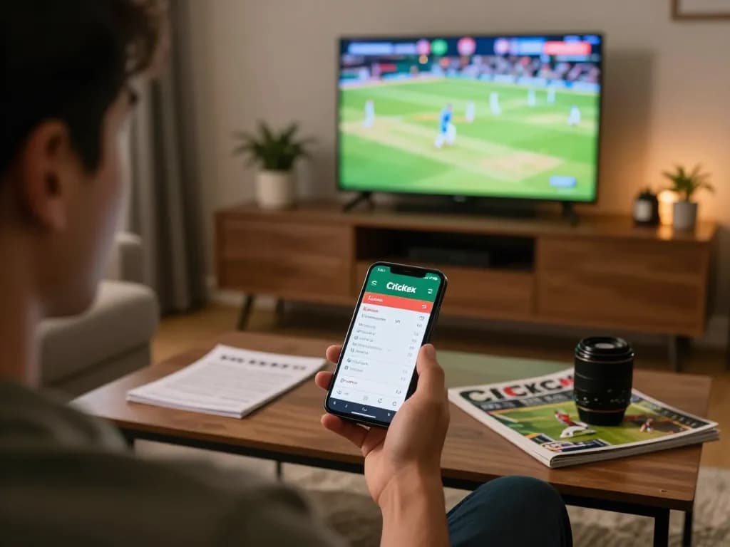 Live cricket betting on https://crickex.fit/ app showcased in a cozy home setting