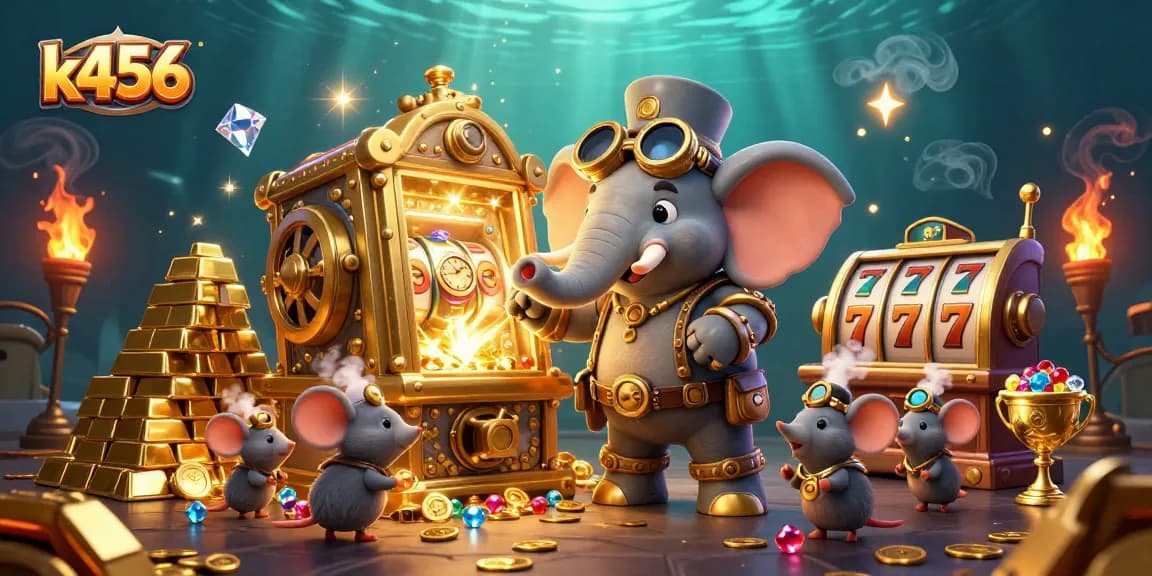 Visualize a experiência de jogos em k456, com um elefante steampunk operando um slot no cassino.