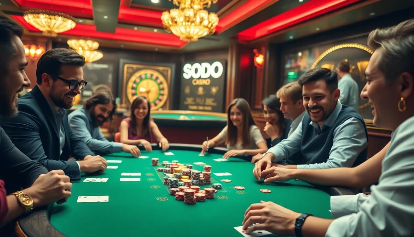 Players winning at SODO Casino's poker table amid a vibrant, luxury atmosphere.
