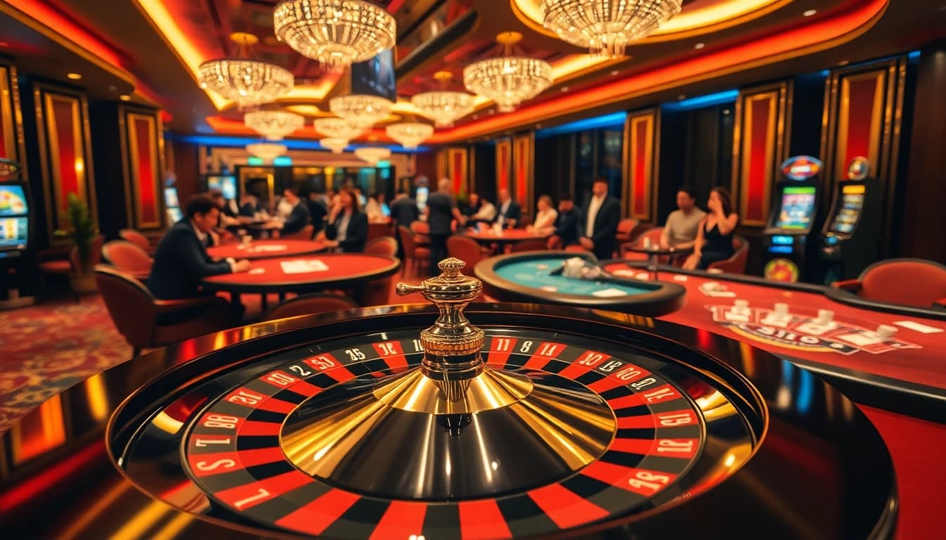 LUCK8 casino scene with players at roulette tables, poker chips, and vibrant games.