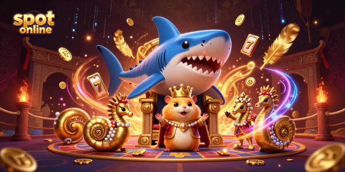 Experience thrilling slot online excitement with a dynamic scene featuring gambling elements and a golden hamster king.
