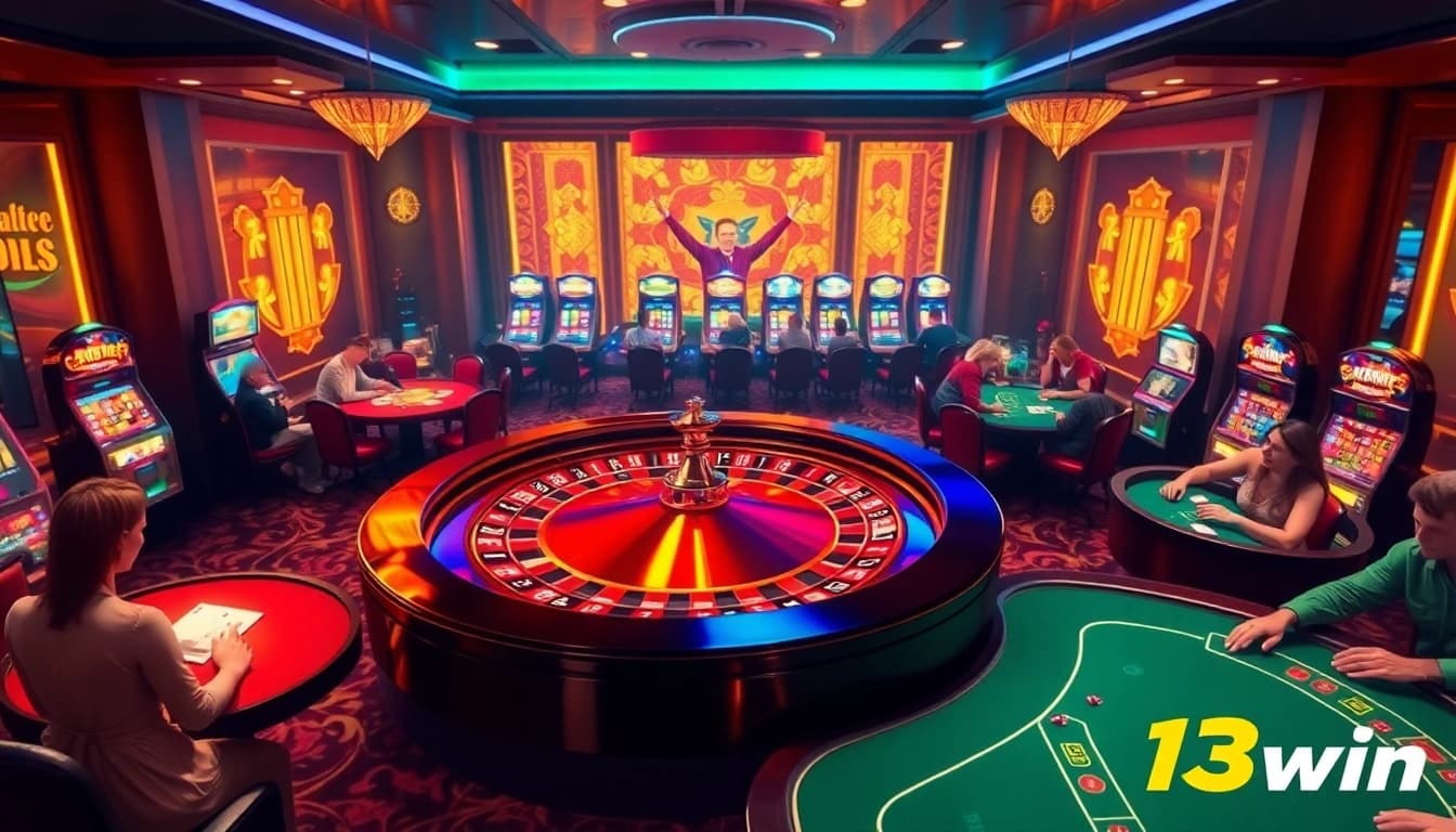Experience the excitement of gambling at 13win with a vibrant casino scene featuring roulette and poker tables.