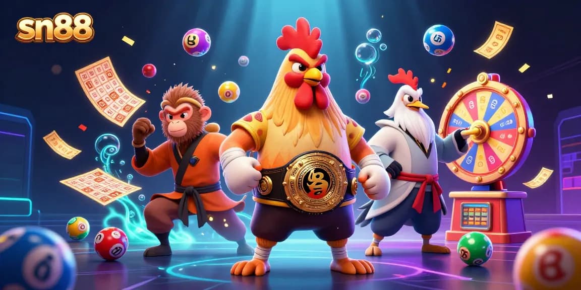Engage in thrilling lotteries and dynamic games at sn88, featuring vibrant 3D characters and colorful elements.