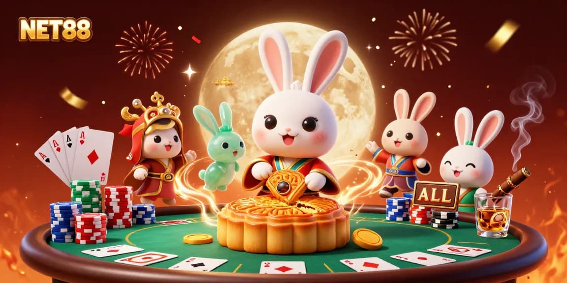 Experience NET88 with a colorful lunar poker scene featuring a moon rabbit and vibrant gameplay elements.