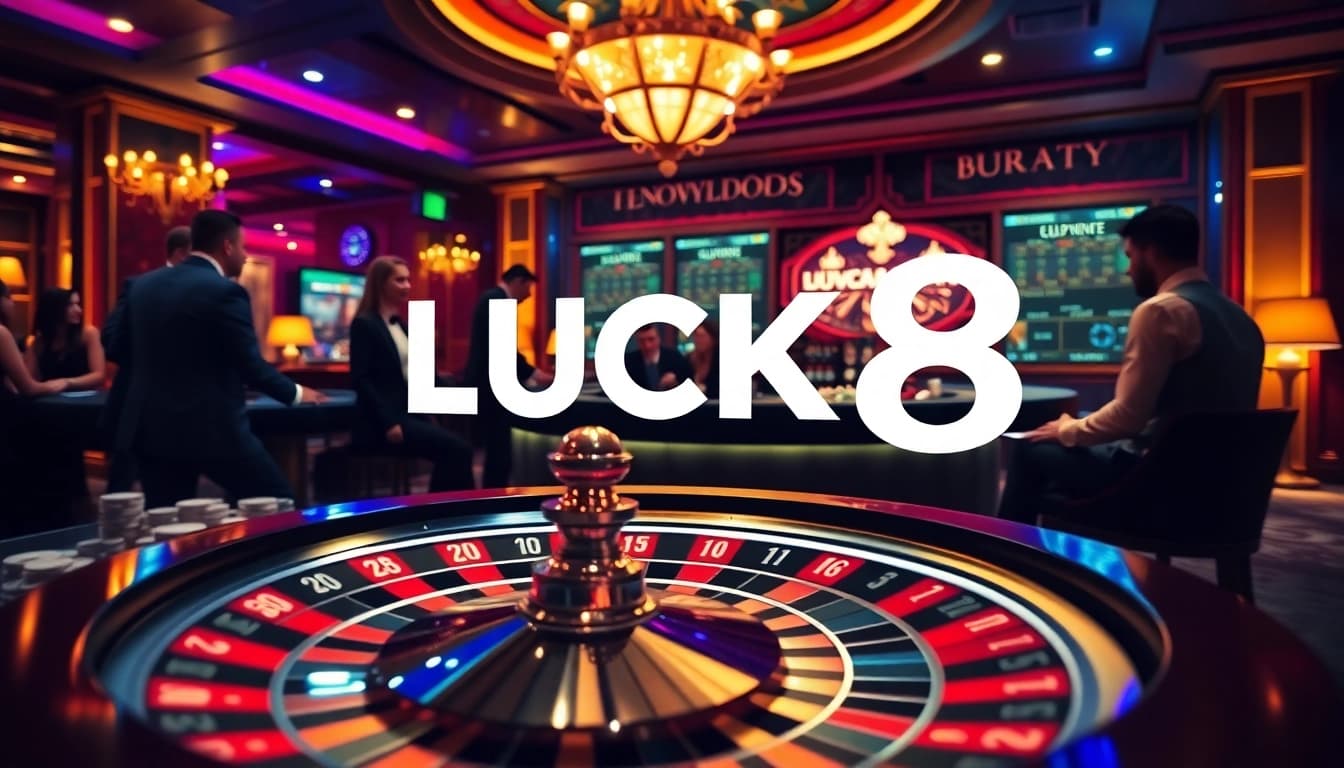Players enjoying a high-stakes poker game at LUCK8 Casino under luxurious decor.