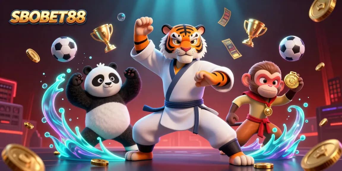 SBOBET88 showcases thrilling sports betting action with a fun and vibrant cartoon scene.