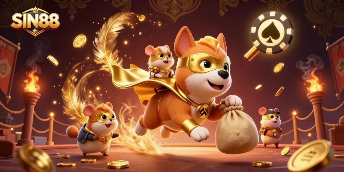 SIN88 casino-themed 3D illustration showcasing a superhero dog and hamster in an engaging environment filled with gold coins.
