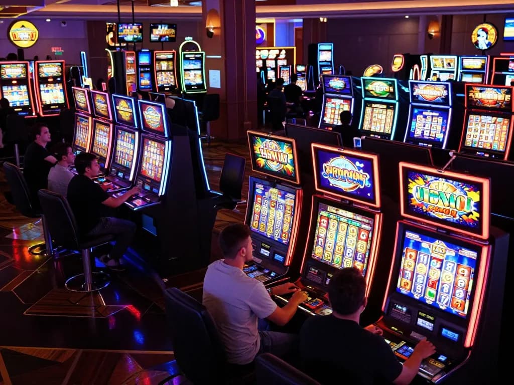 C168.com players enjoying vibrant slot machines in an exciting casino environment
