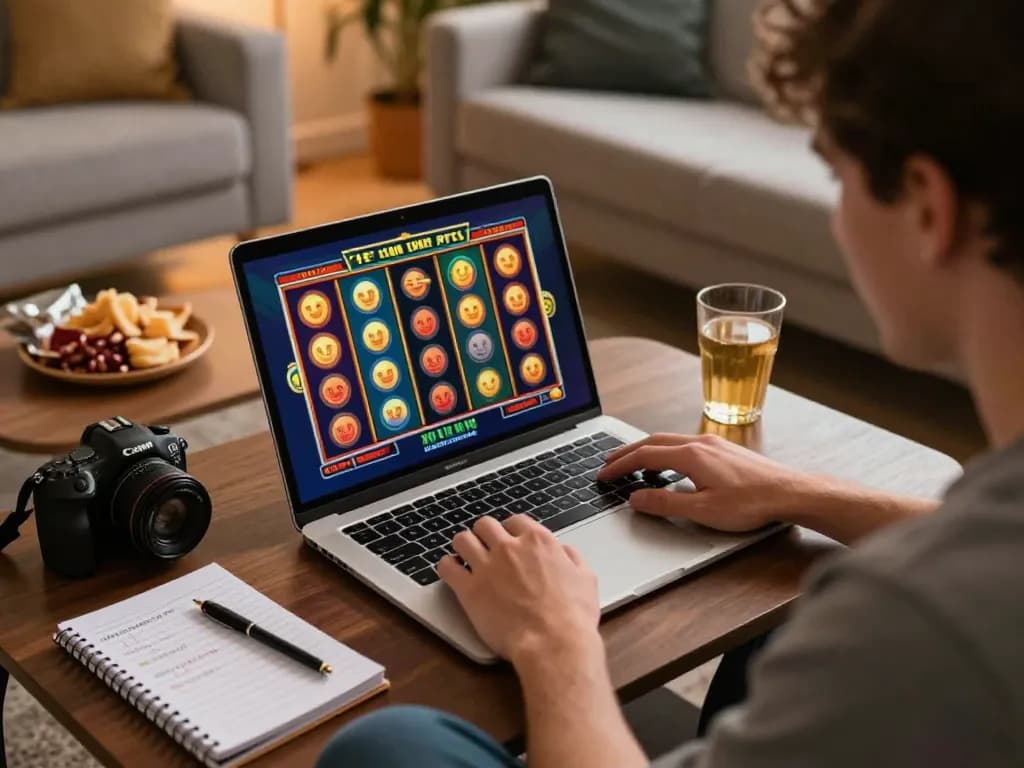 Pemain merasakan sensasi perjudian online di bintangmpo dengan gulungan slot yang berwarna-warni berputar di laptop yang stylish