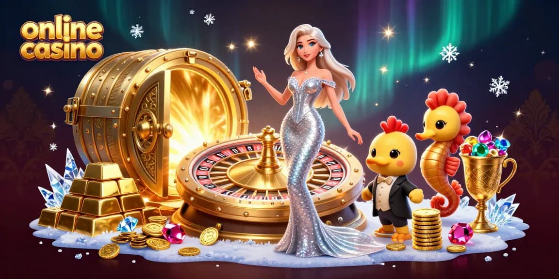 Engage with the exciting world of online casino games, showcased by a glamorous woman beside a golden roulette wheel.