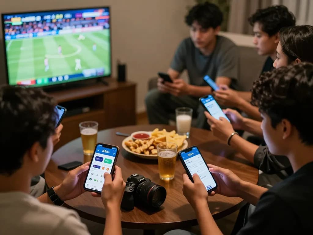 Friends engaging with the nhà cái 8xbet app while watching a live sports match, excitement in the air.