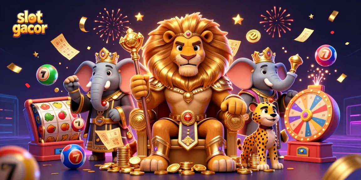 Engage with slot gacor in a vibrant 3D scene of a lion king and colorful gambling elements.