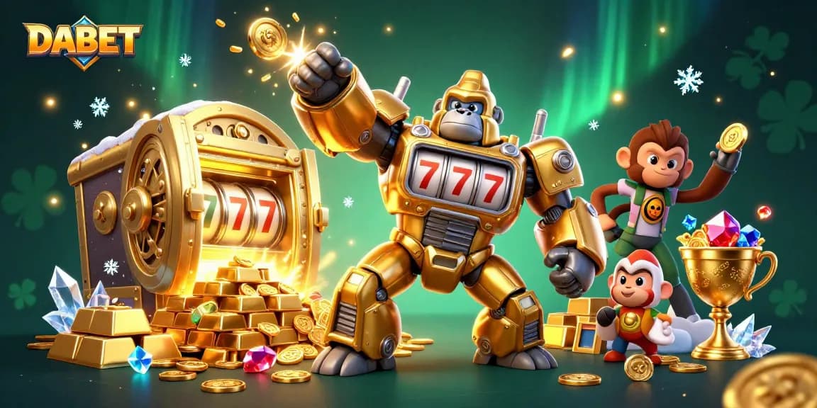 DABET enthusiasts explore a vibrant 3D scene filled with casino treasures and an epic golden gorilla mech.