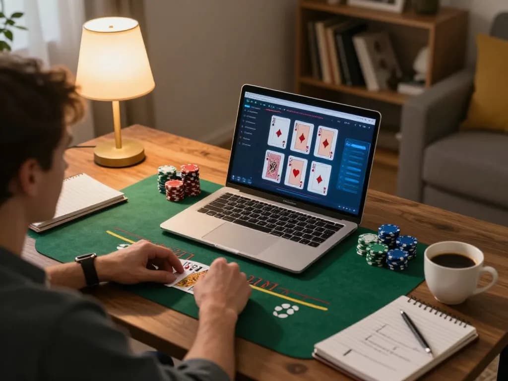 Playing blackjack on 123B trang chủ from a cozy living room with strategies noted down.