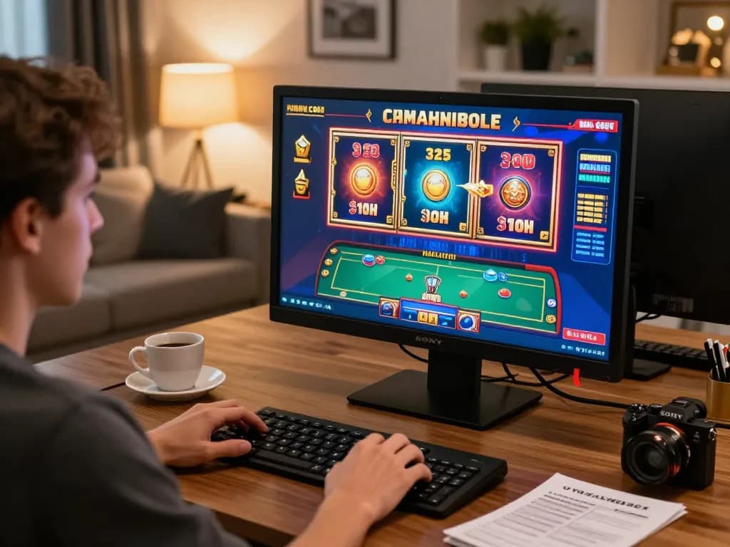 Engaging online gaming session at https://rr88.select/ with vibrant slot machine graphics and relaxed home setting.