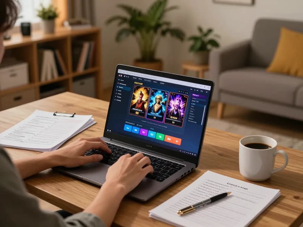 Orang yang merencanakan strategi sambil bermain slot online Gsc108 di laptop di rumah.